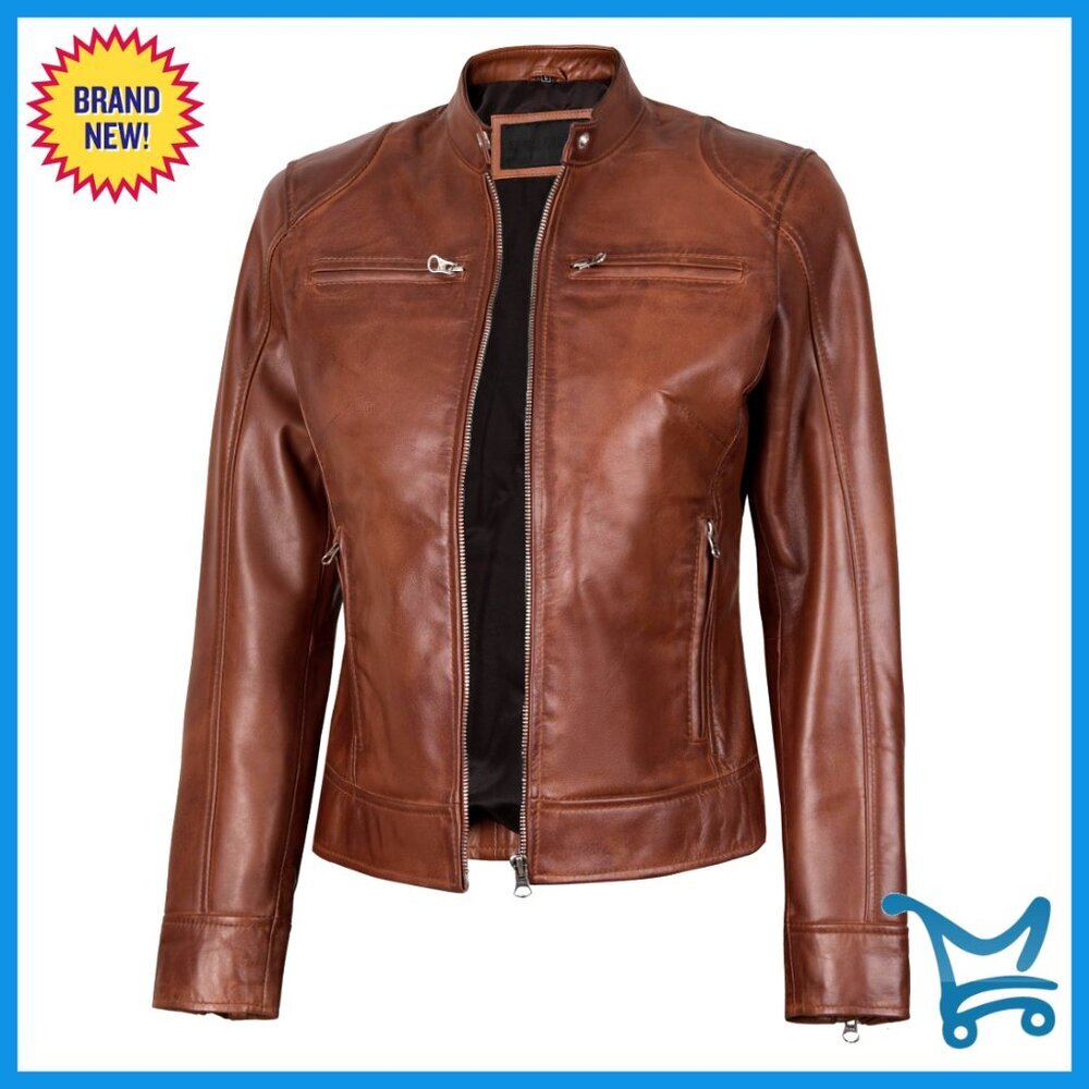Lambskin Leather Jacket Cafe Racer Style Zipper Closure Snap Collar